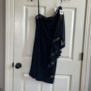 Betsy And Adam Sequined One Shoulder Dress Navy Blue Size 6 NWT